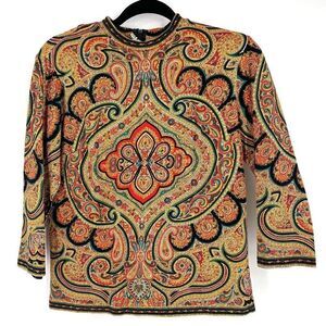 Vintage 70s Hooper Women's Paisley Crew Neck 3/4 Sleeve Top Multi-Color Size 12‎